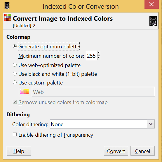 GIMP Indexed color dialog
