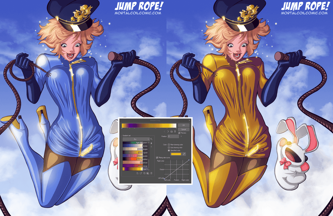 Original blue to new gold using a gradient map in Clip Studio Paint